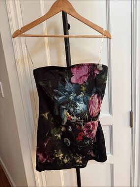 Dolls Kill Black Strapless Floral Bustier with Pink & Blue Blooms